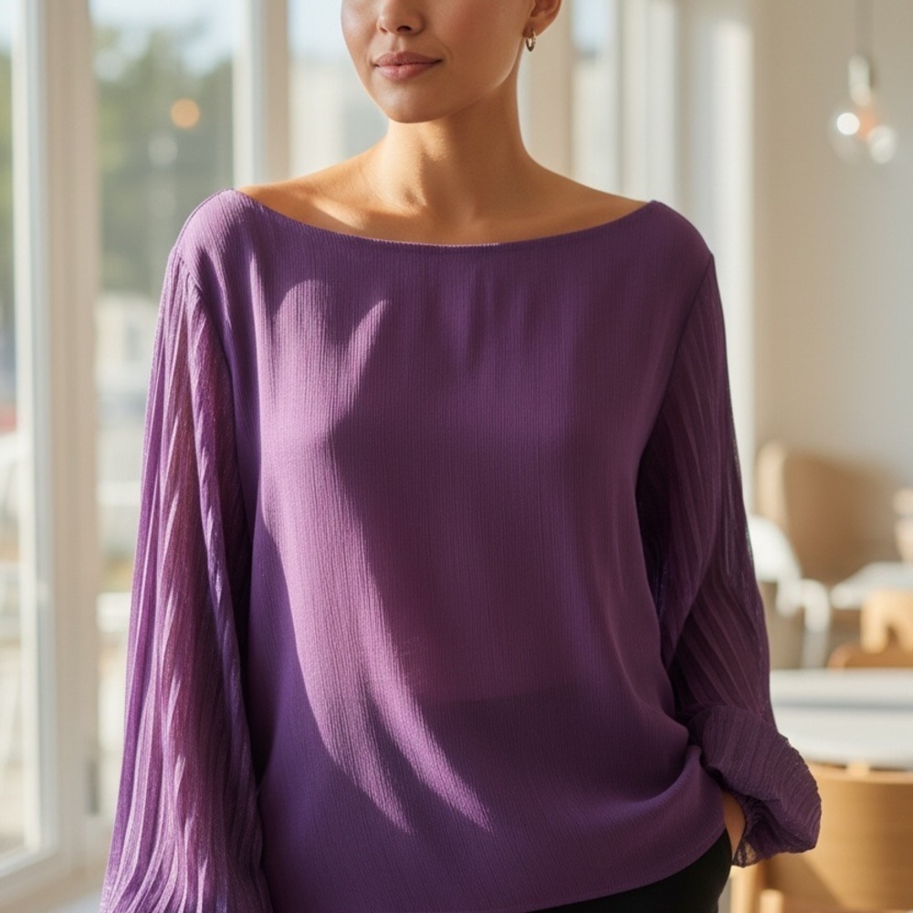 Alice + Olivia Lilac Boatneck Blouse with Pleated Long Sleeves Size Large